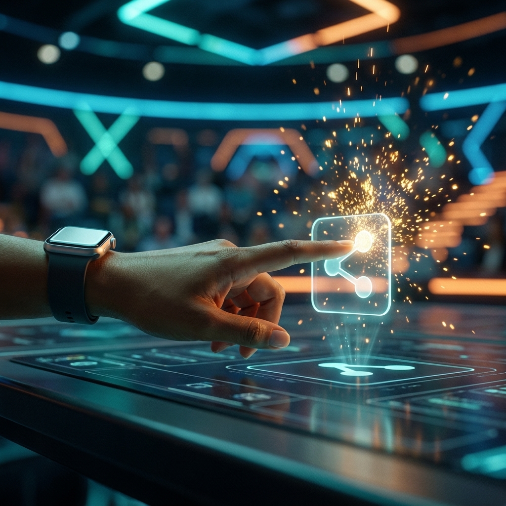 A finger tapping a glowing share button on a Spinn Radio interface