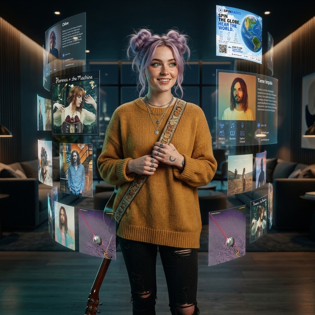 A music fan surrounded by floating artist cards and album art on Spinn Radio