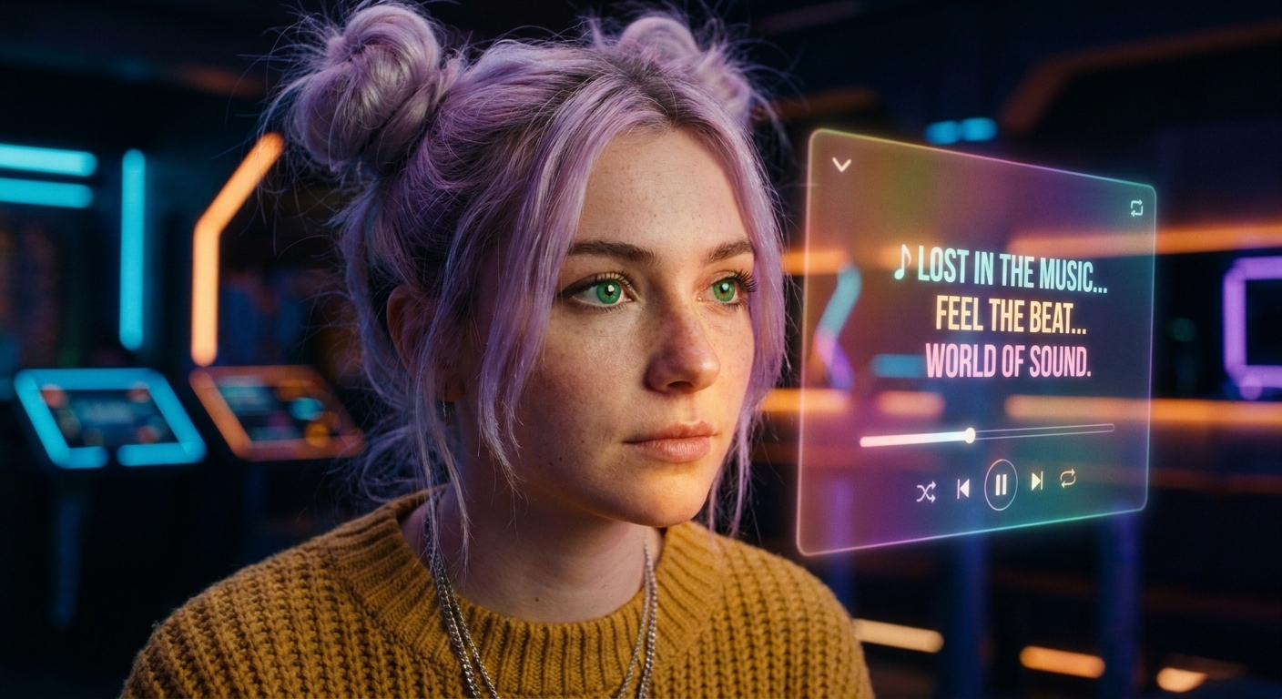 A listener immersed in a glowing now-playing music player on Spinn Radio