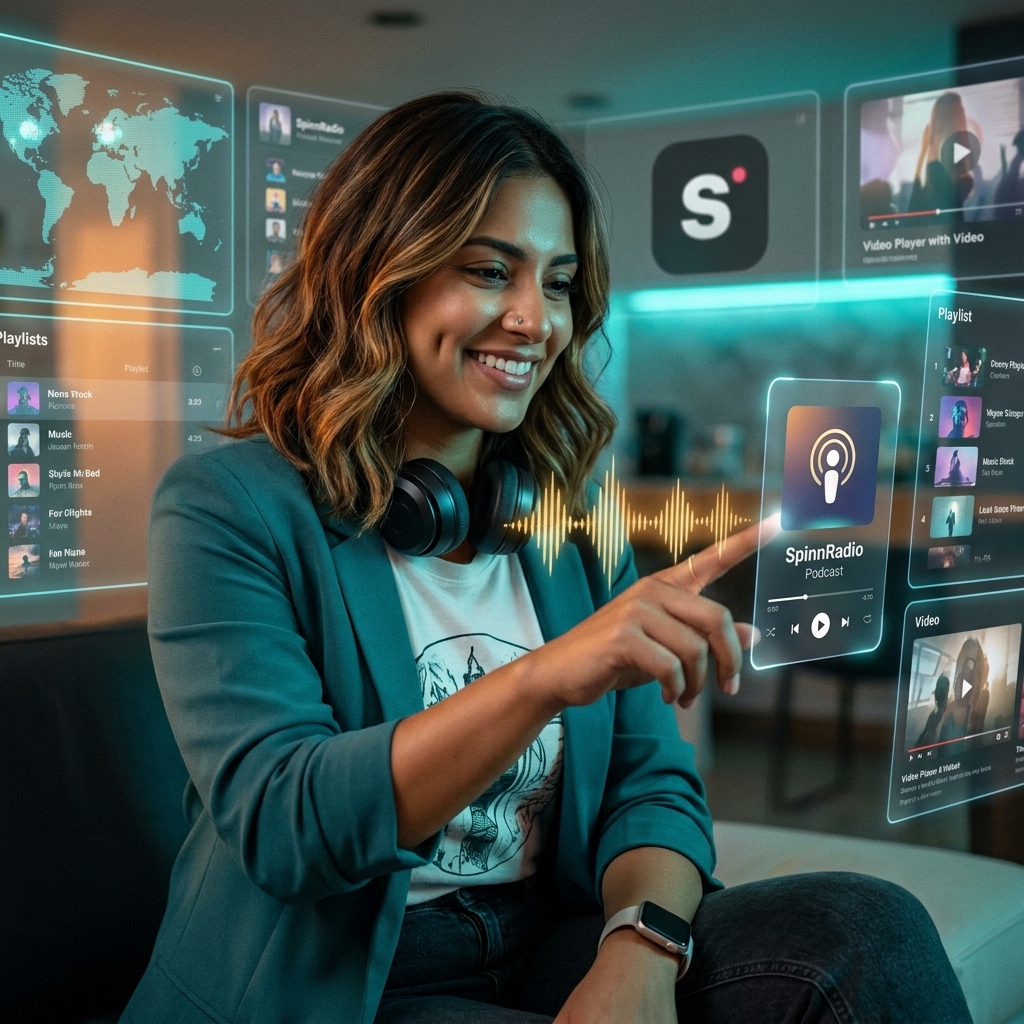A listener tapping a podcast player surrounded by playlists and video panels on Spinn Radio